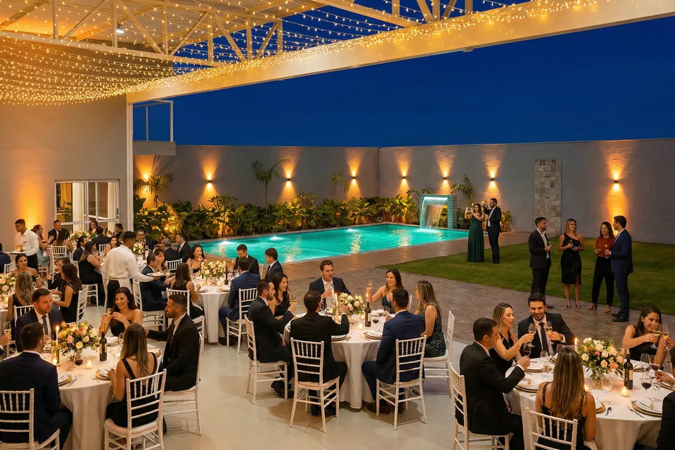 Jantar de gala com mesas postas ao lado da piscina aquecida na Piccolini Eventos, em Goiânia