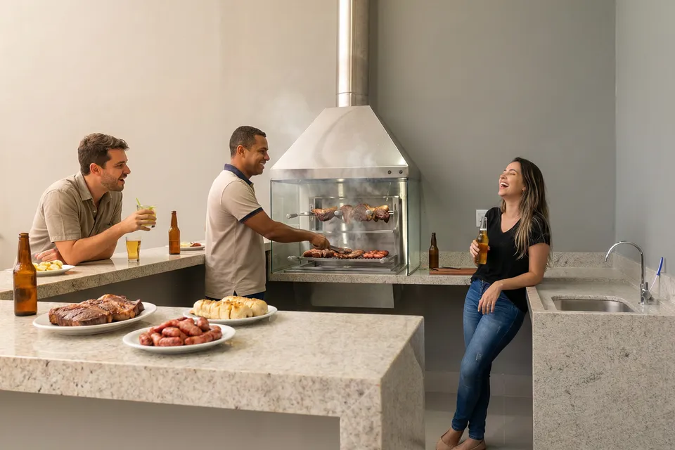 Amigos reunidos na área gourmet com churrasqueira da Piccolini Eventos, em Goiânia