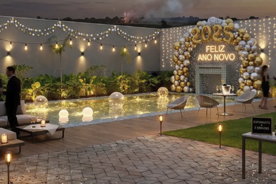 Confraternização de fim de ano com arco de balões e iluminação, na Piccolini Eventos