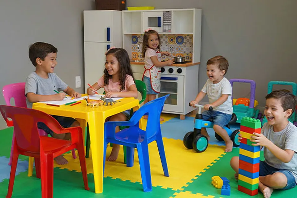 Crianças brincando na brinquedoteca da Piccolini Eventos, com mesa amarela e cozinha de brinquedo