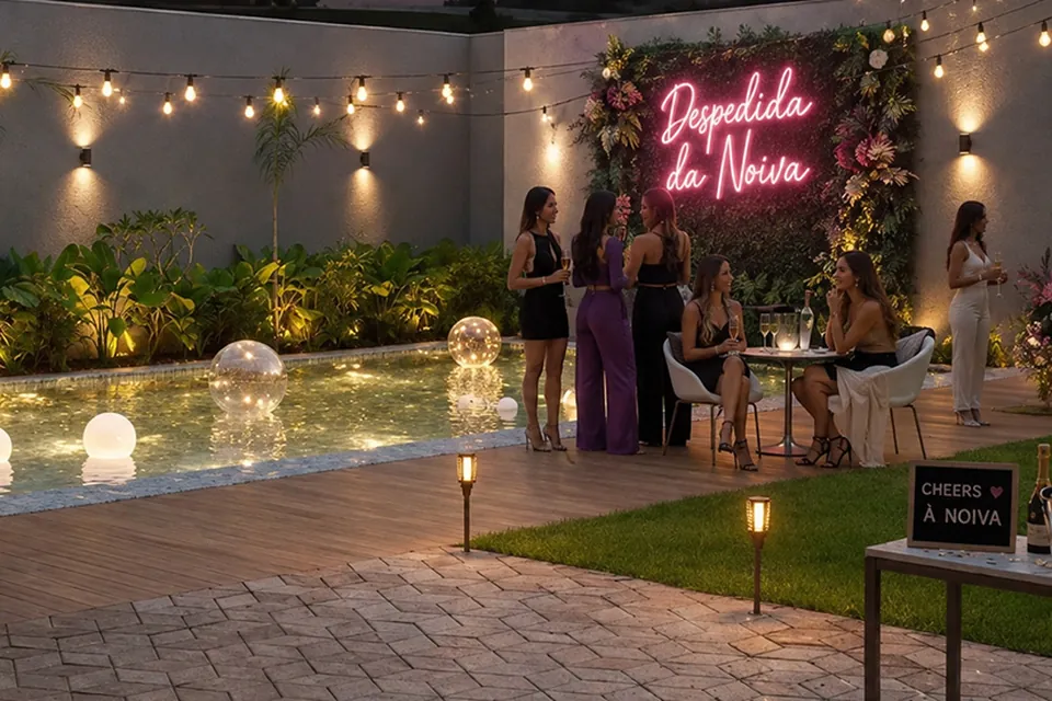 Despedida de noiva com letreiro de neon e jardim iluminado na Piccolini Eventos, em Goiânia