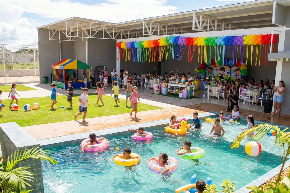 Festa infantil com crianças na piscina e decoração colorida na Piccolini Eventos, em Goiânia