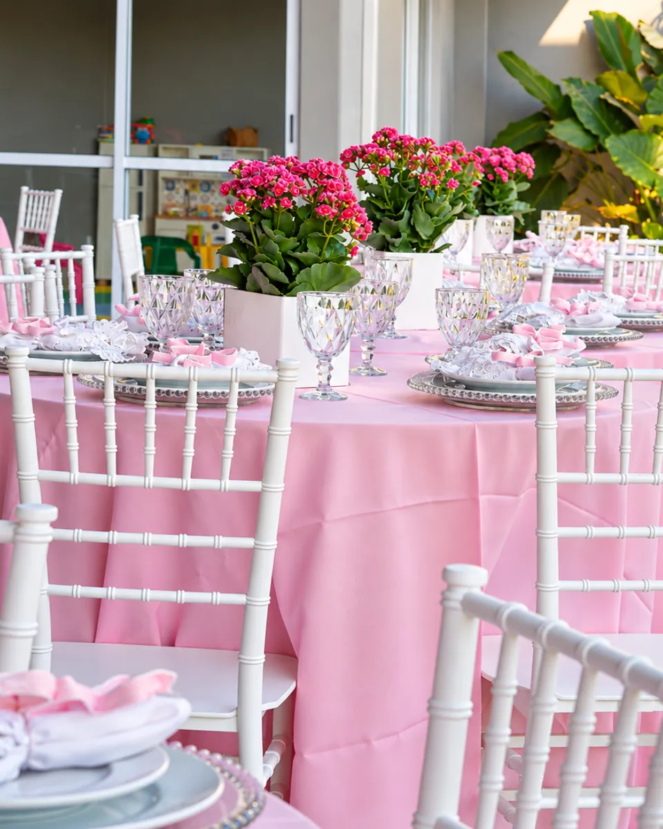 Mesas de festa infantil em tons de rosa com flores na Piccolini, com a brinquedoteca ao fundo