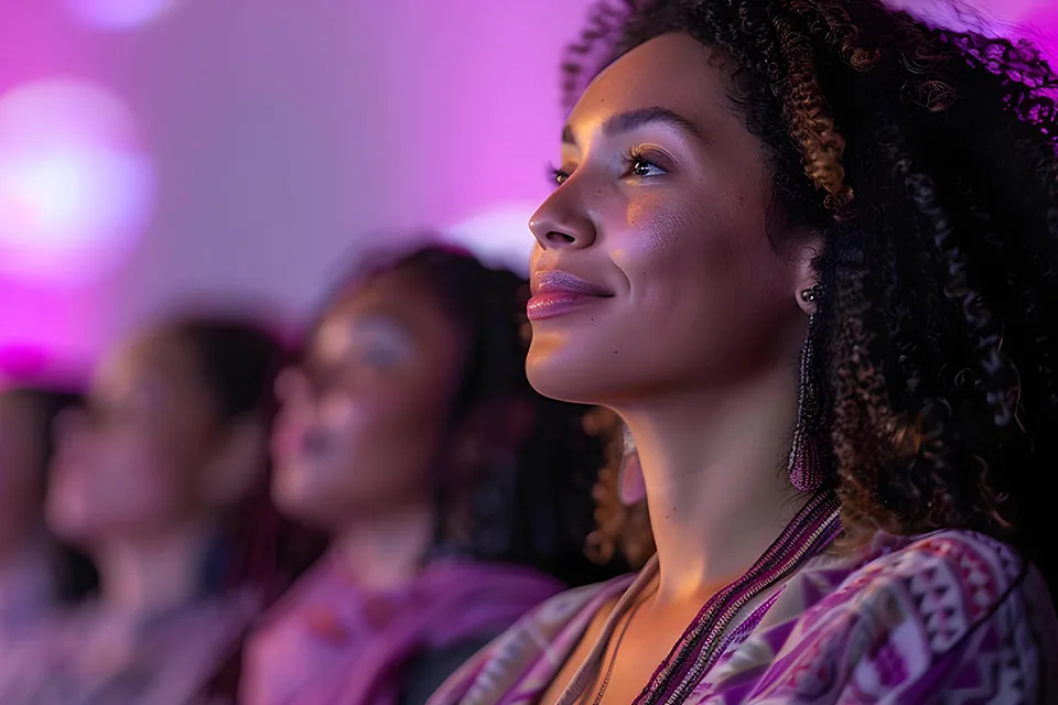 Mulheres sorrindo em encontro feminino com iluminação rosa e roxa