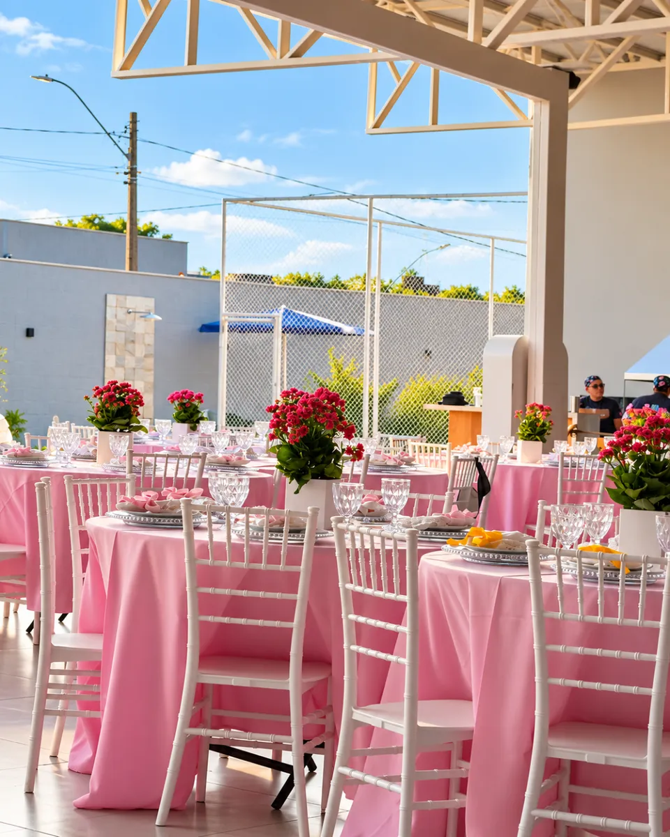 Mesas redondas com toalha rosa, cadeiras brancas e arranjos de flores em festa na Piccolini Eventos, em Goiânia