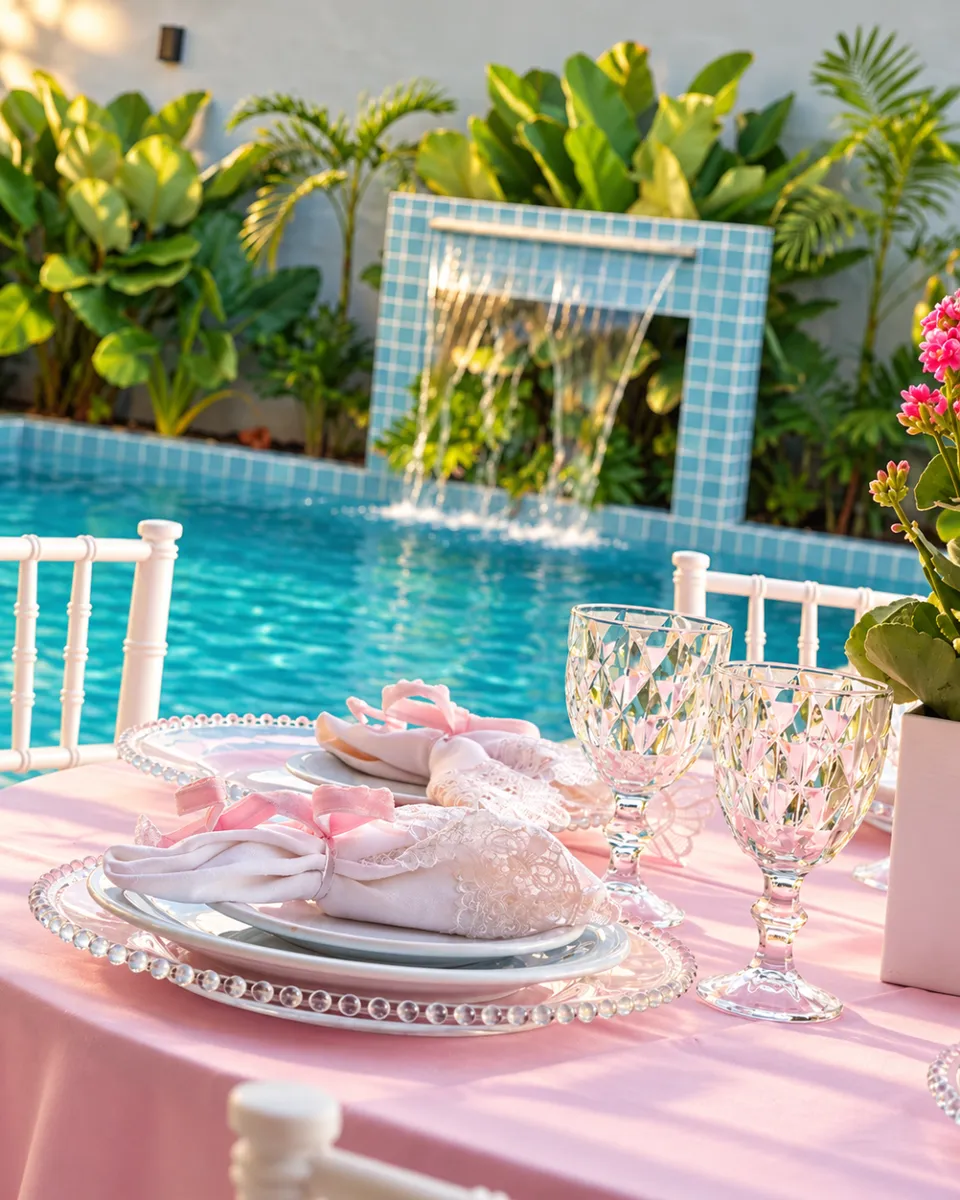 Mesa posta em rosa com guardanapo de renda e taças de cristal ao lado da piscina com cascata na Piccolini