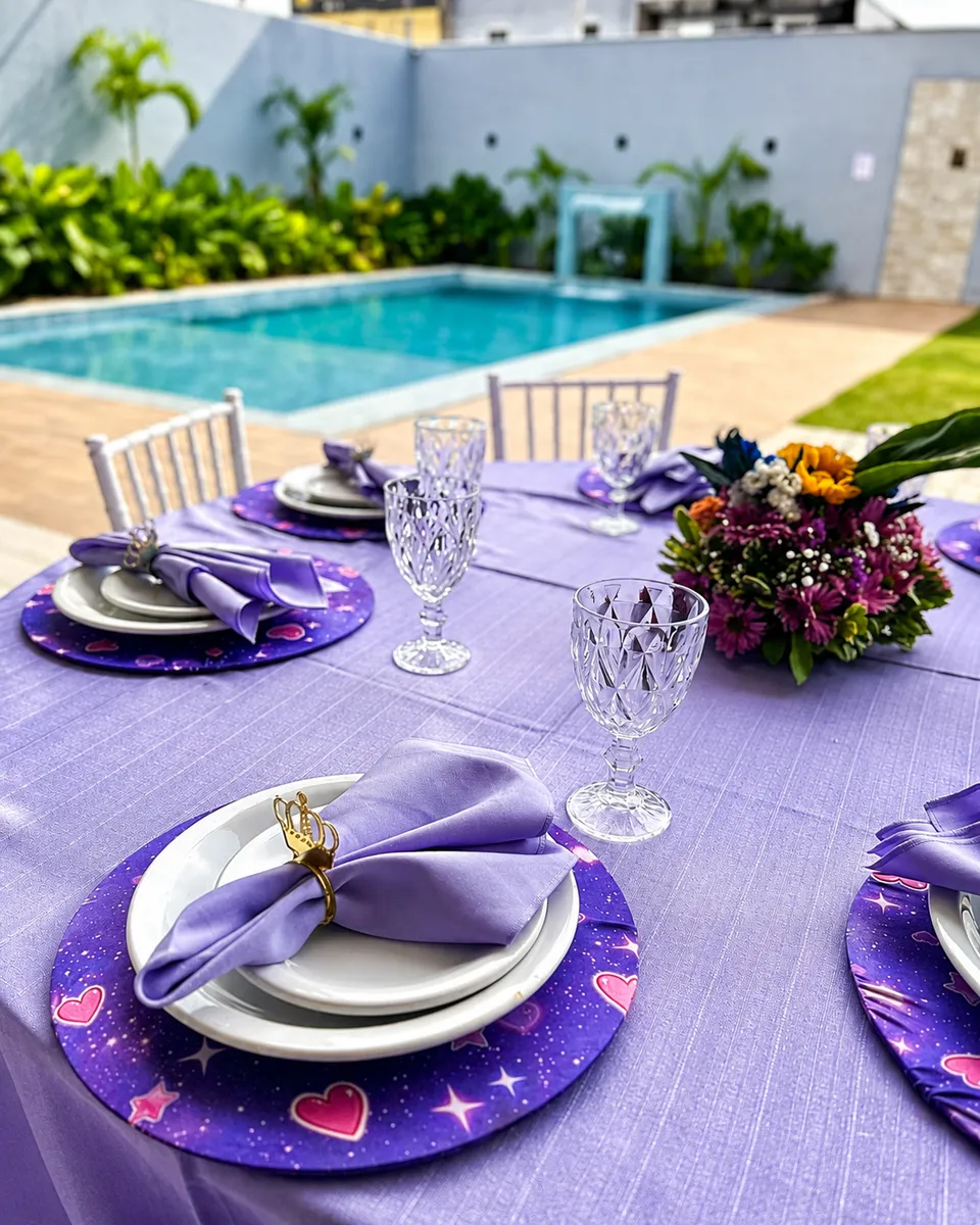 Mesa em lilás com sousplat personalizado e arranjo de flores, com a piscina ao fundo na Piccolini Eventos