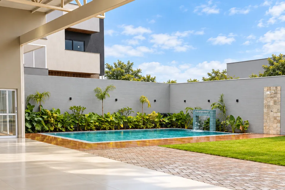 Salão coberto da Piccolini Eventos com piso amplo e vista para a piscina aquecida, em Goiânia