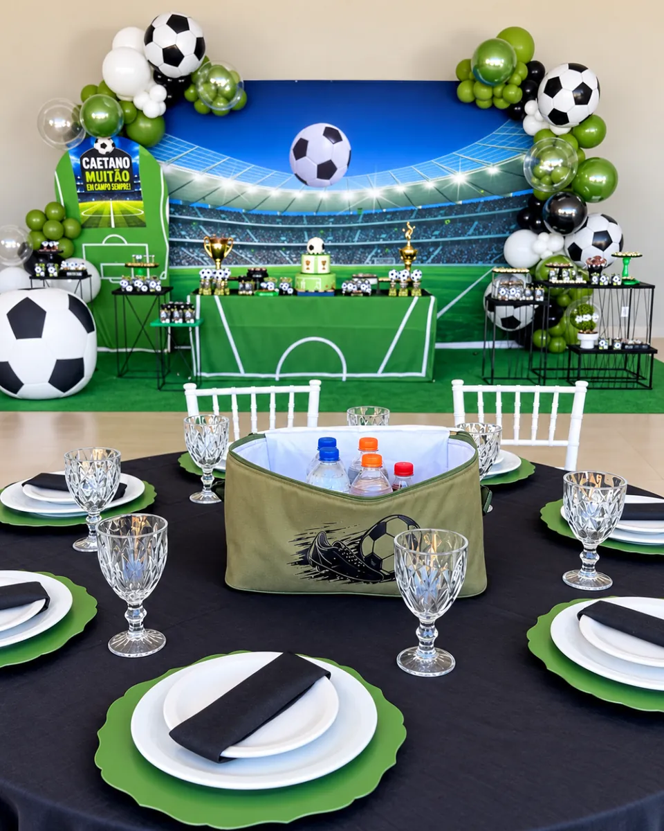 Festa infantil com tema futebol na Piccolini: painel de estádio, balões e mesa decorada