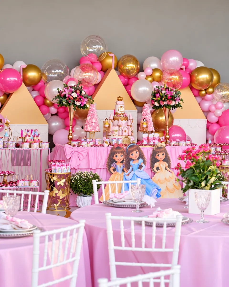Festa infantil com tema princesas na Piccolini: painel dourado e rosa, doces e balões